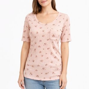 Old Navy Ribbed Floral Top Blush Pink Short Sleeve Women’s Large NWT